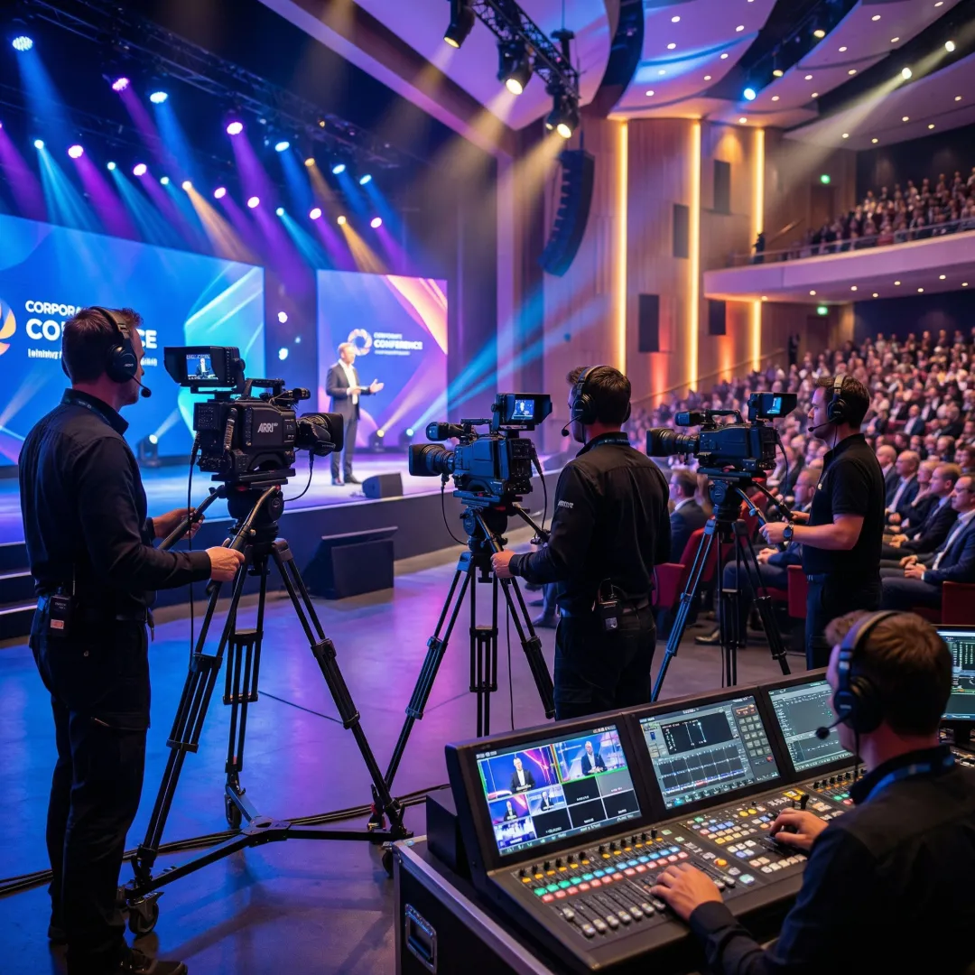 Professional video crew operating multiple cameras at a live corporate event