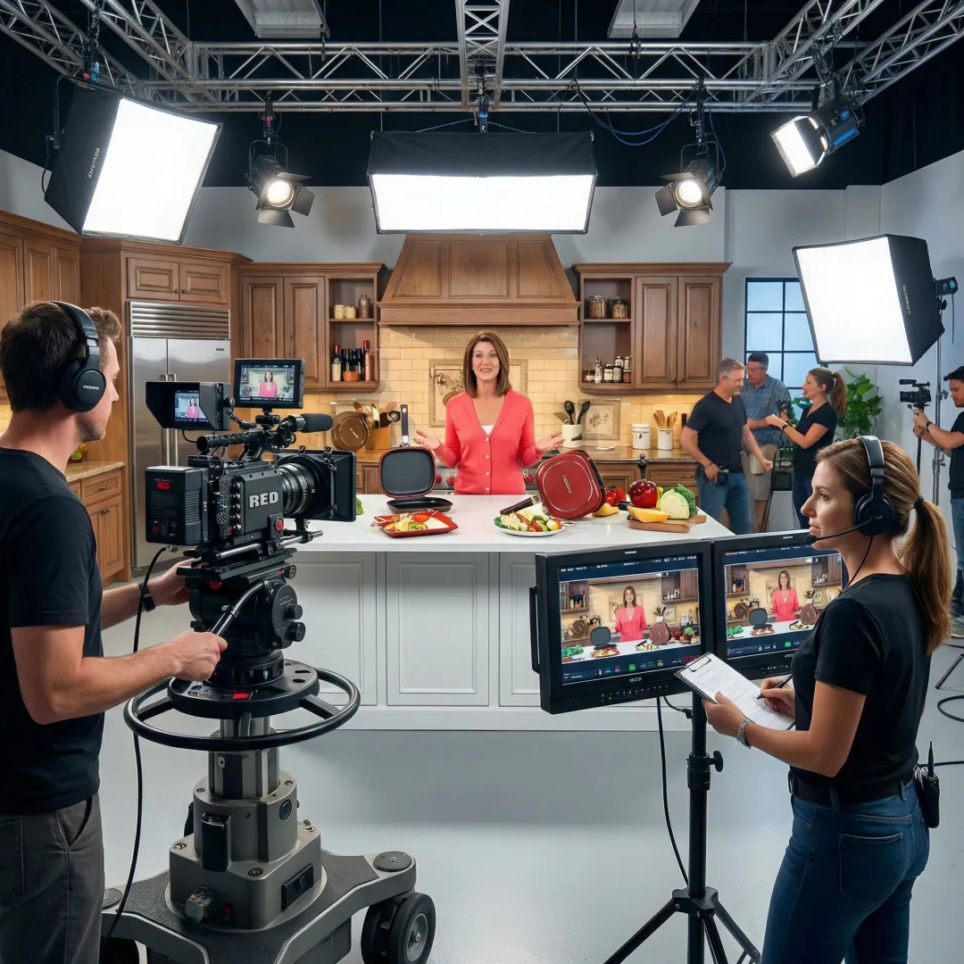 Video production crew at work on a product demo shoot with cameras and studio lighting