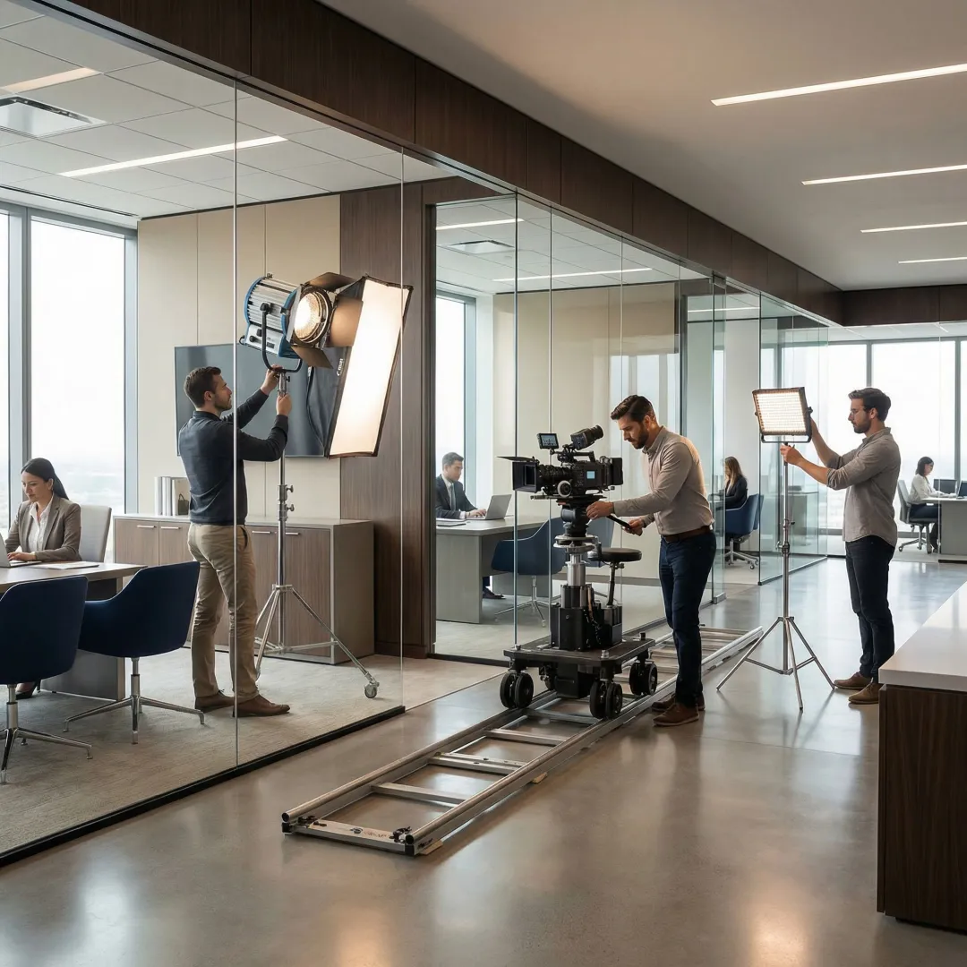 Video production crew setting up interview lighting in financial office