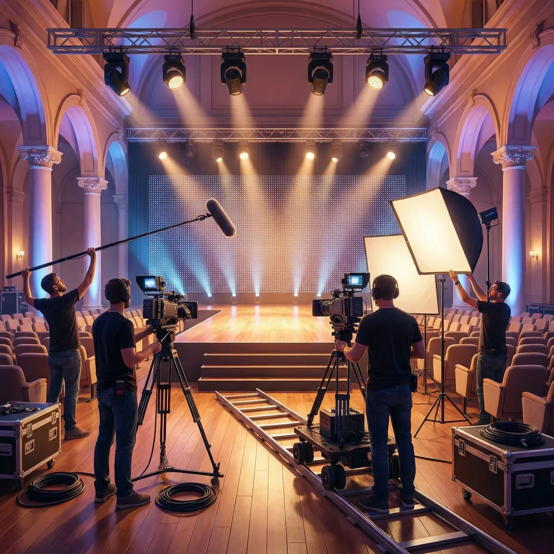 Video production crew setting up multi-camera equipment at a corporate event venue