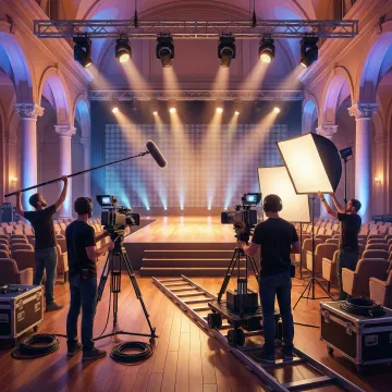 Video production crew setting up multi-camera equipment at a corporate event venue