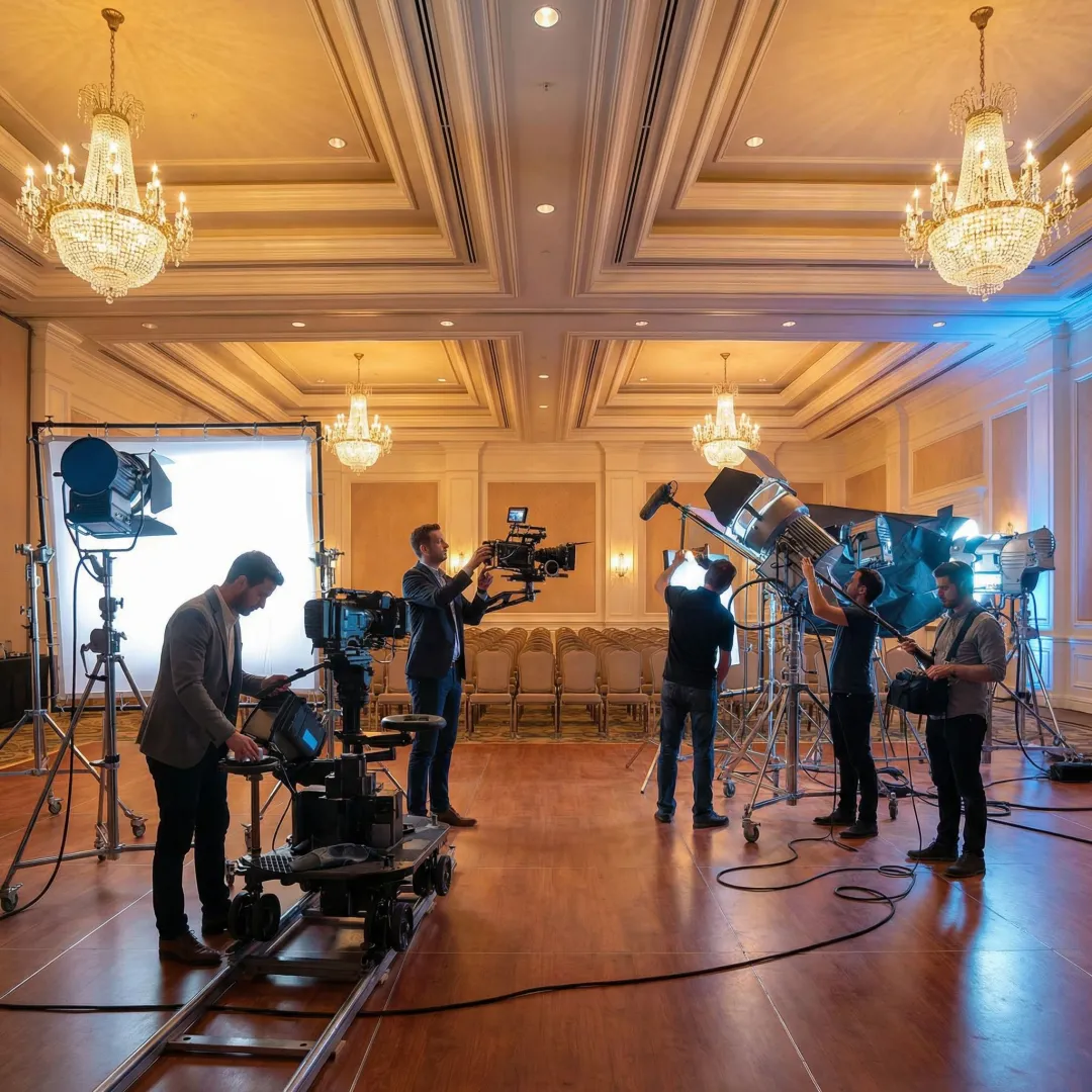 Video production crew setting up multi-camera equipment at a corporate event venue