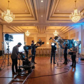 Video production crew setting up multi-camera equipment at a corporate event venue