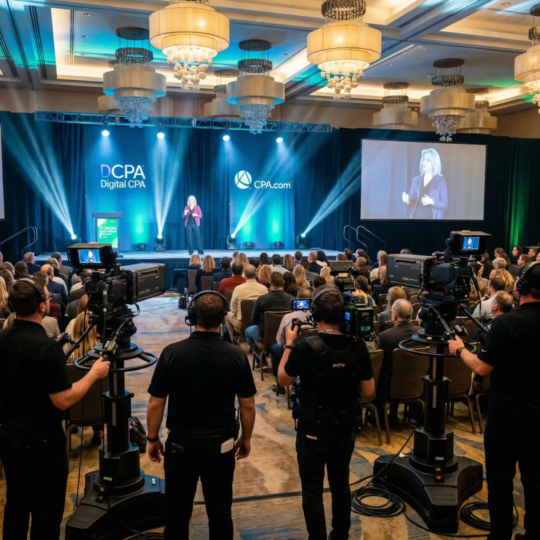 Professional video production crew filming a large corporate event with multi-camera setup