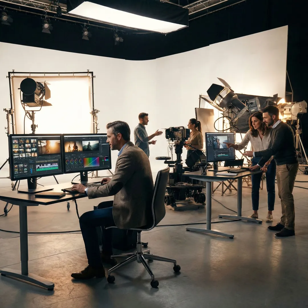 Video production team reviewing footage on monitors during a corporate shoot