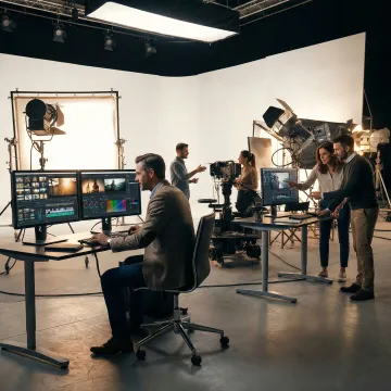 Video production team reviewing footage on monitors during a corporate shoot