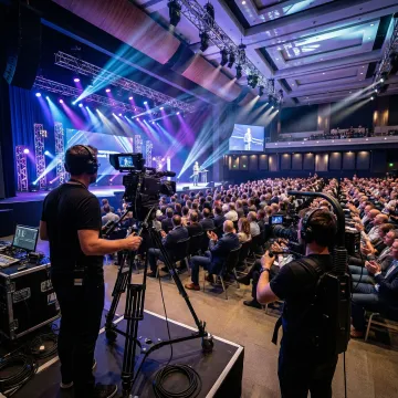 Professional video production crew filming a live corporate event with multiple cameras