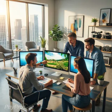 Video production team reviewing footage on monitors during a corporate shoot