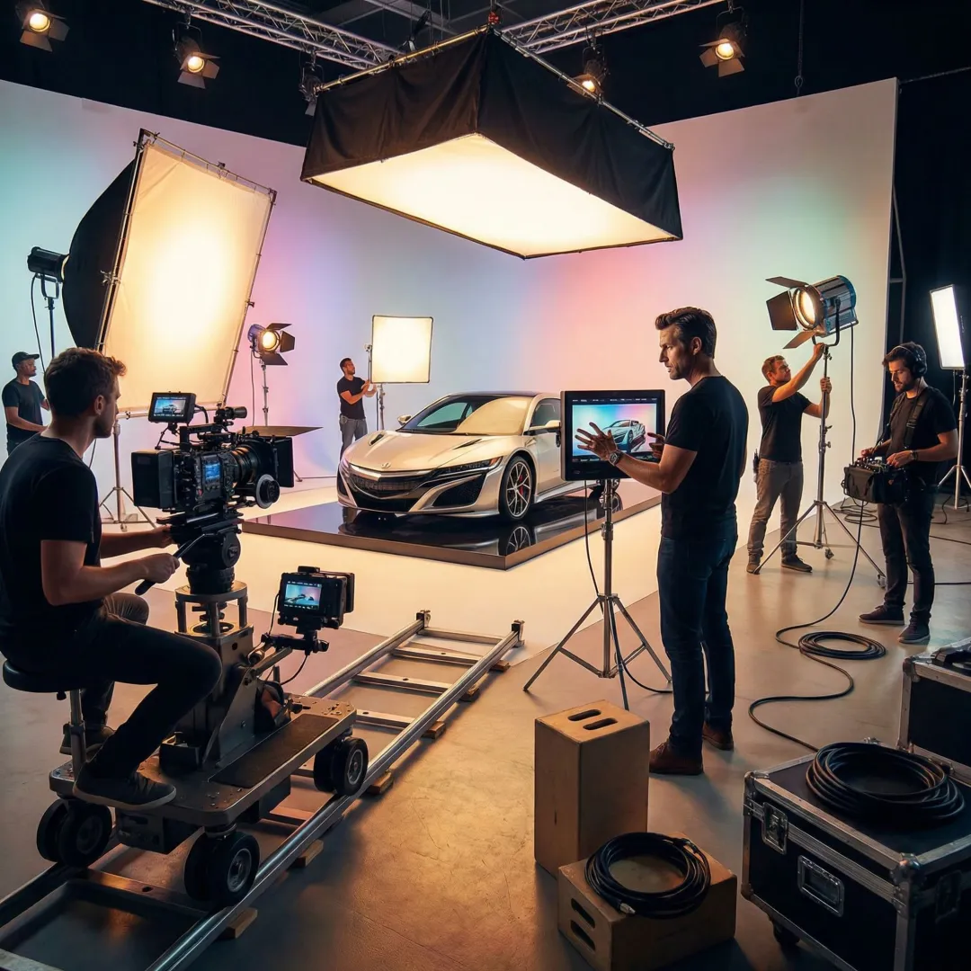 Professional product video production shoot with camera crew and lighting setup