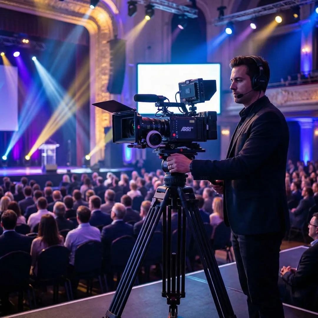 Professional videographer filming a corporate event with multiple cameras and stage lighting