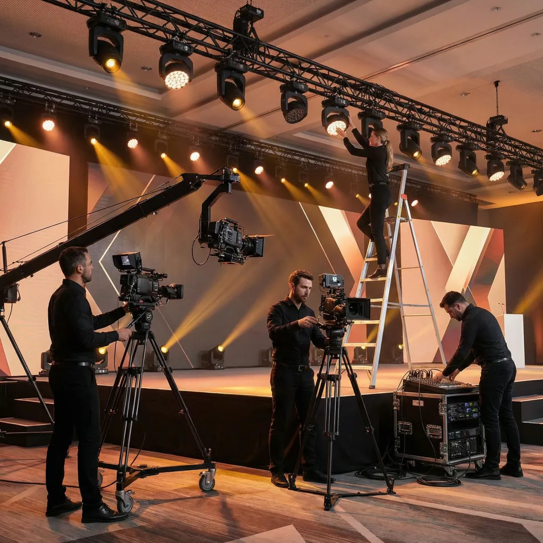 Corporate event video production team setting up cameras and lighting on a conference stage