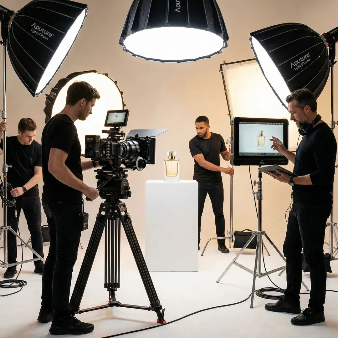 Video production crew filming a product on a professional set with studio lighting