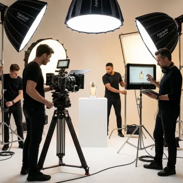 Video production crew filming a product on a professional set with studio lighting