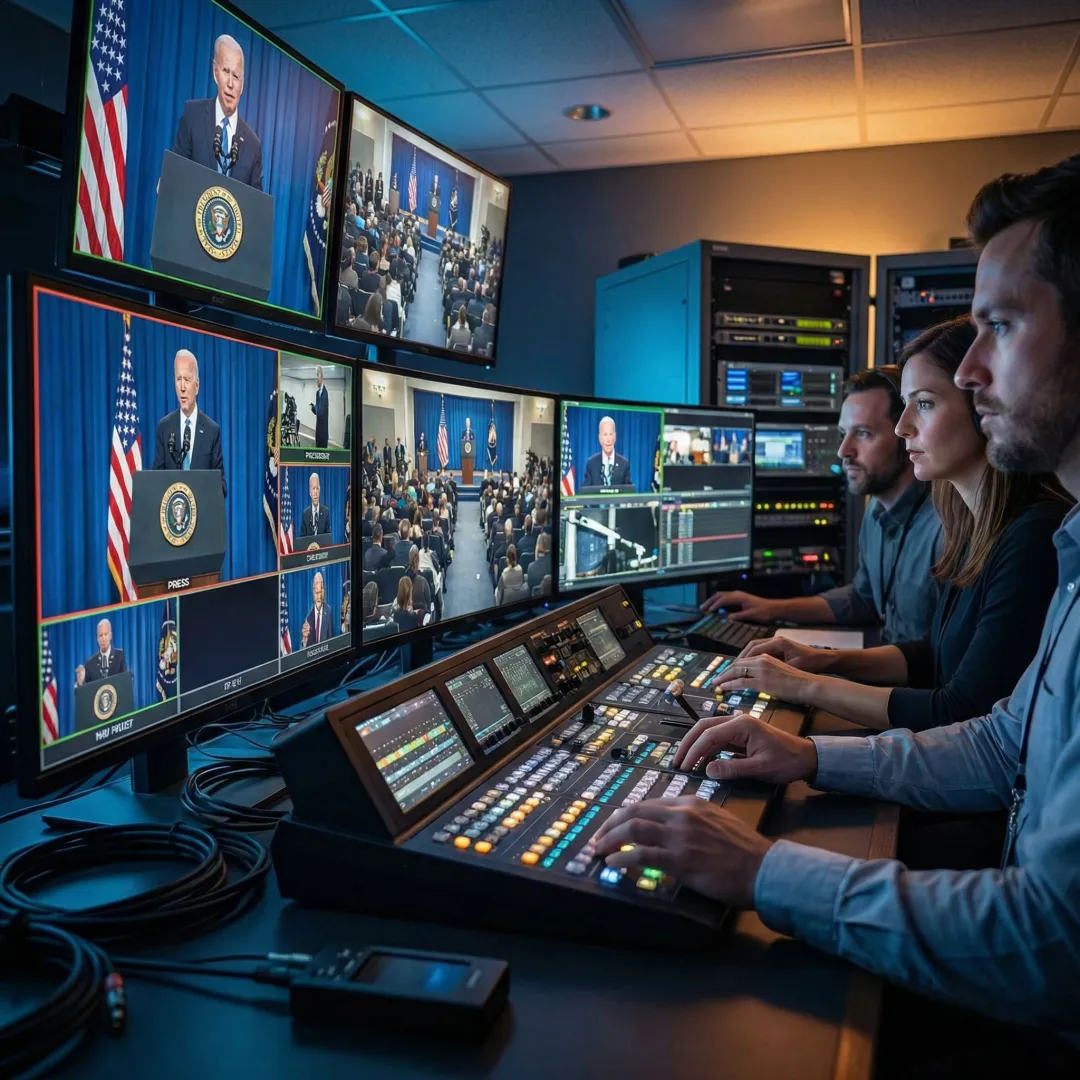 Video production team monitoring live stream feeds during a press conference