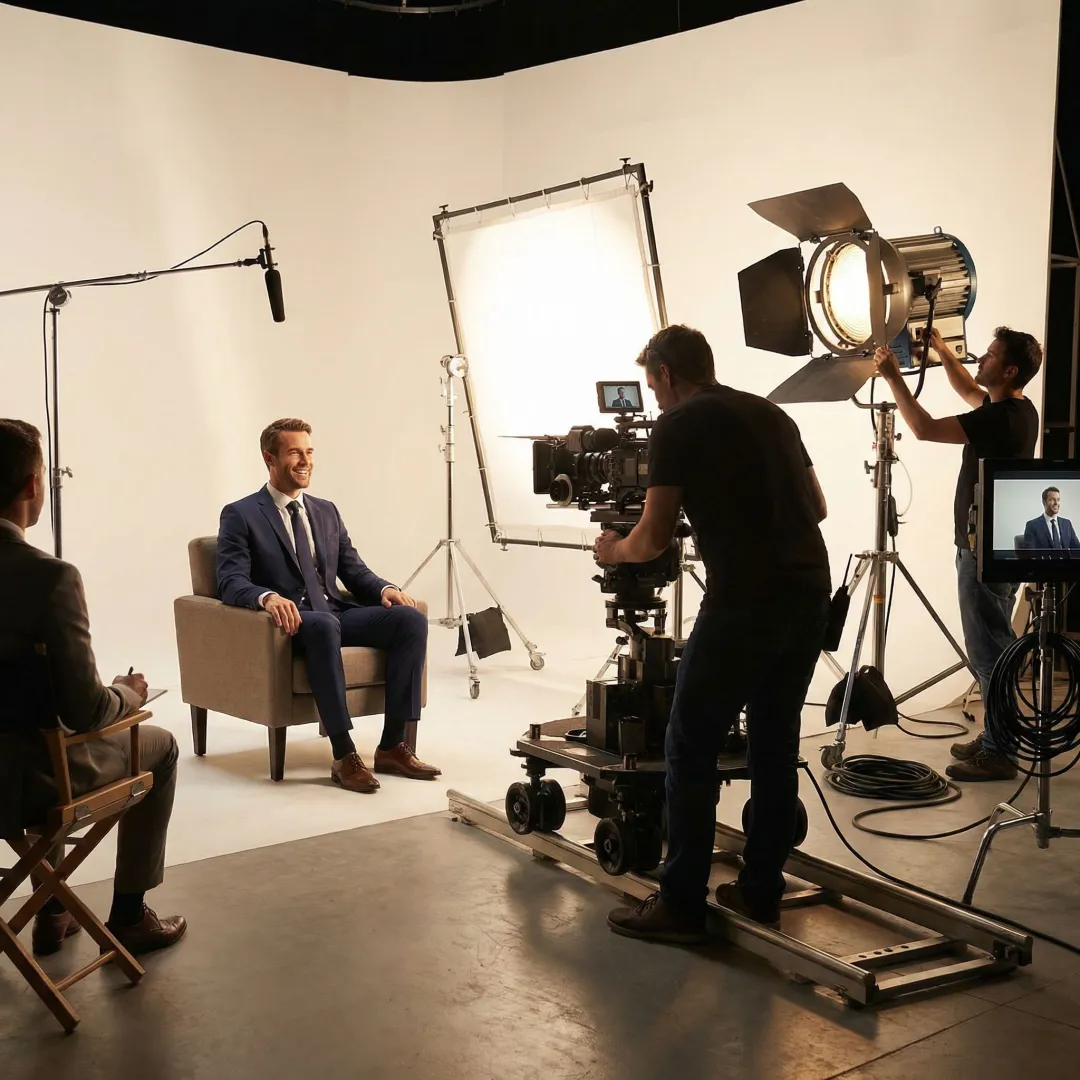 Professional testimonial video production crew filming a business client in Southern NH