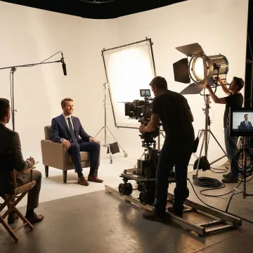 Professional testimonial video production crew filming a business client in Southern NH