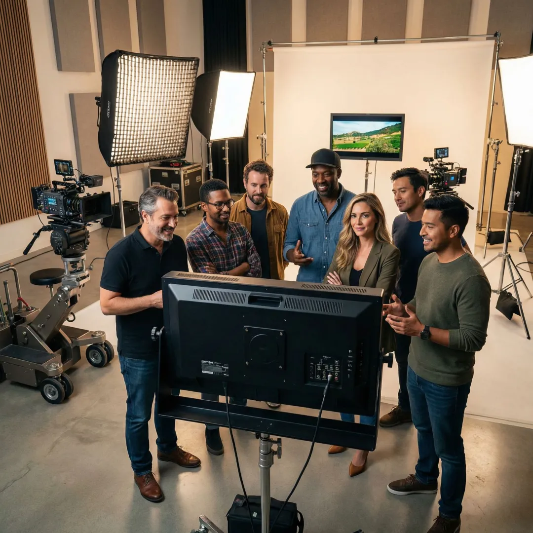 Video production team reviewing footage on a monitor during a corporate shoot