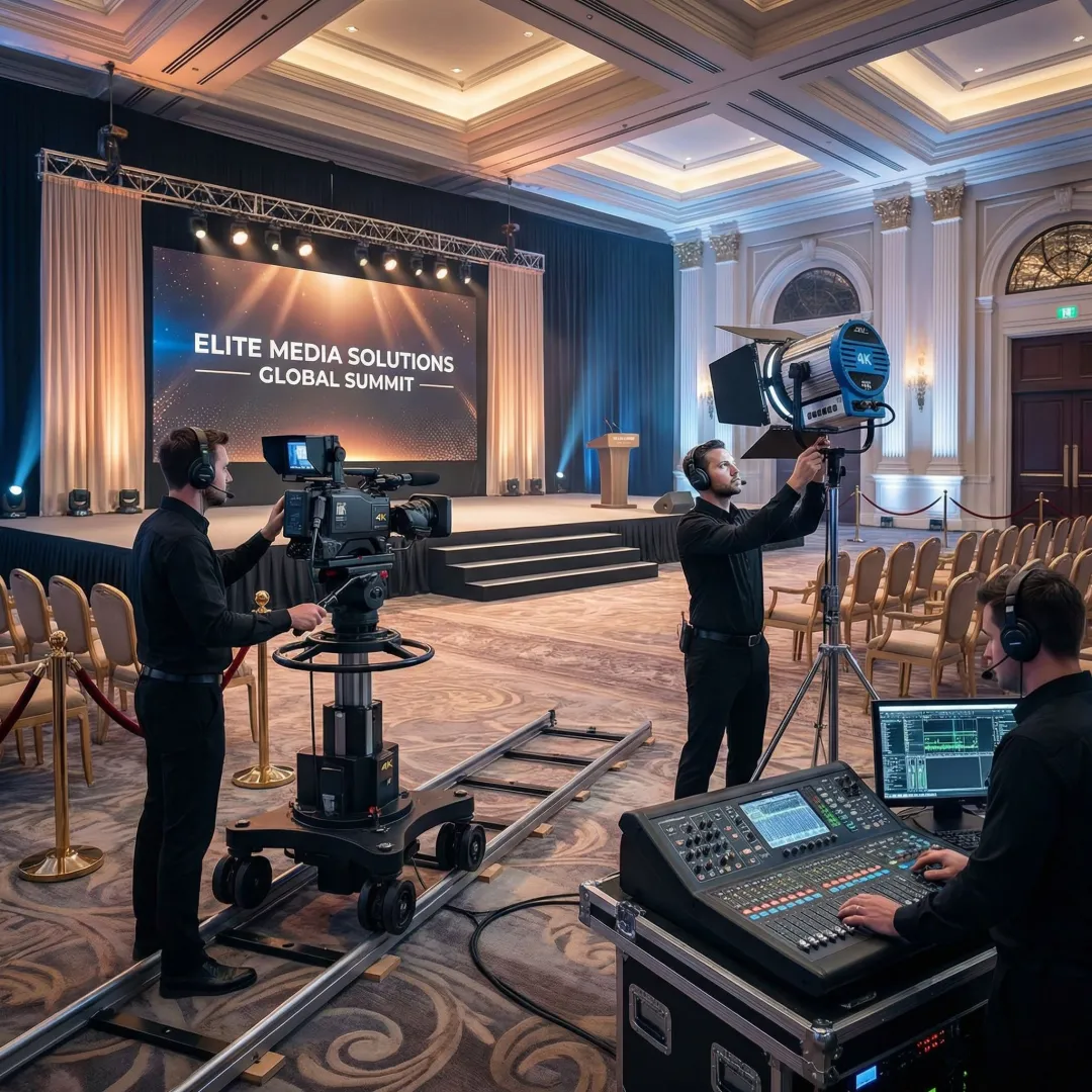 Professional video equipment setup at a corporate event with cameras, lighting, and crew