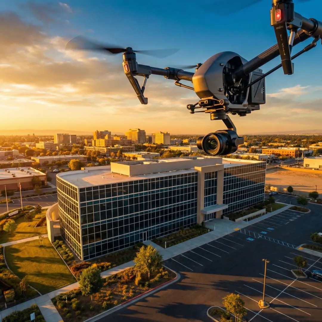 Drone camera filming a commercial property from above