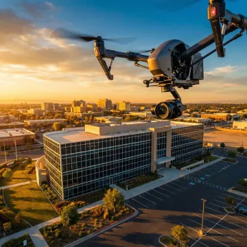 Drone camera filming a commercial property from above