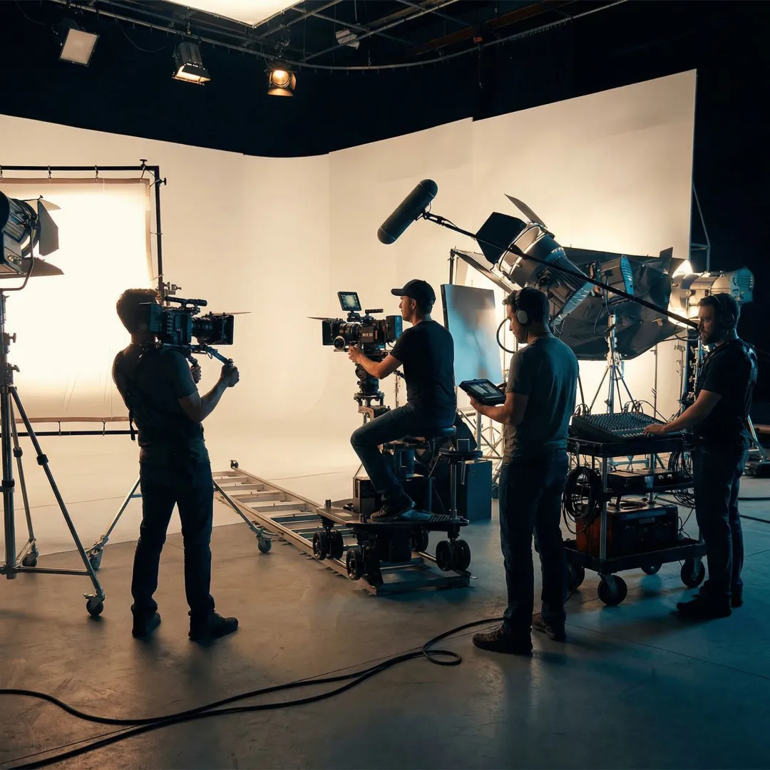 Camera crew setting up cinema cameras and lighting on a film production set