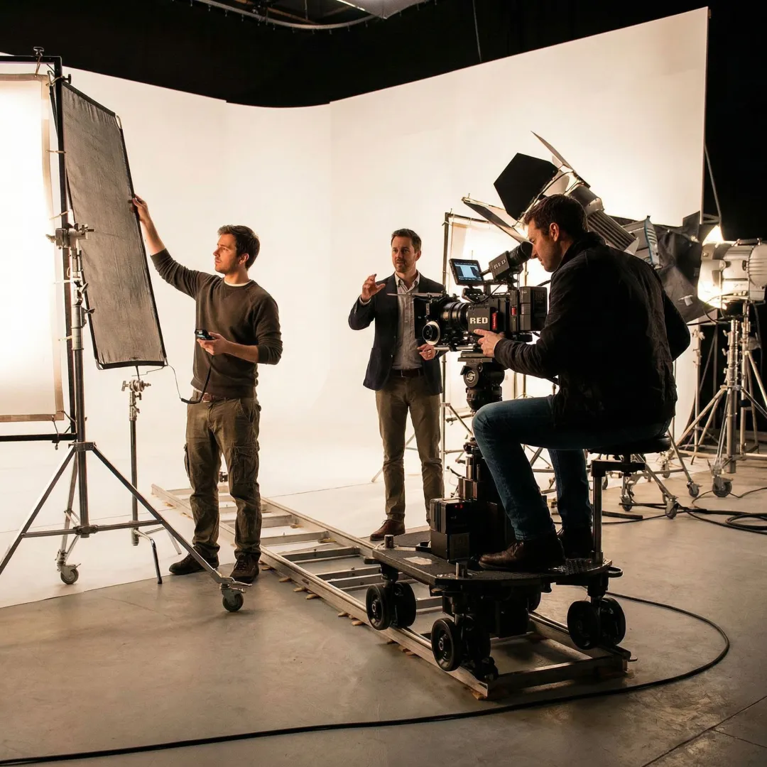 Professional video production crew filming a corporate scene in a modern studio
