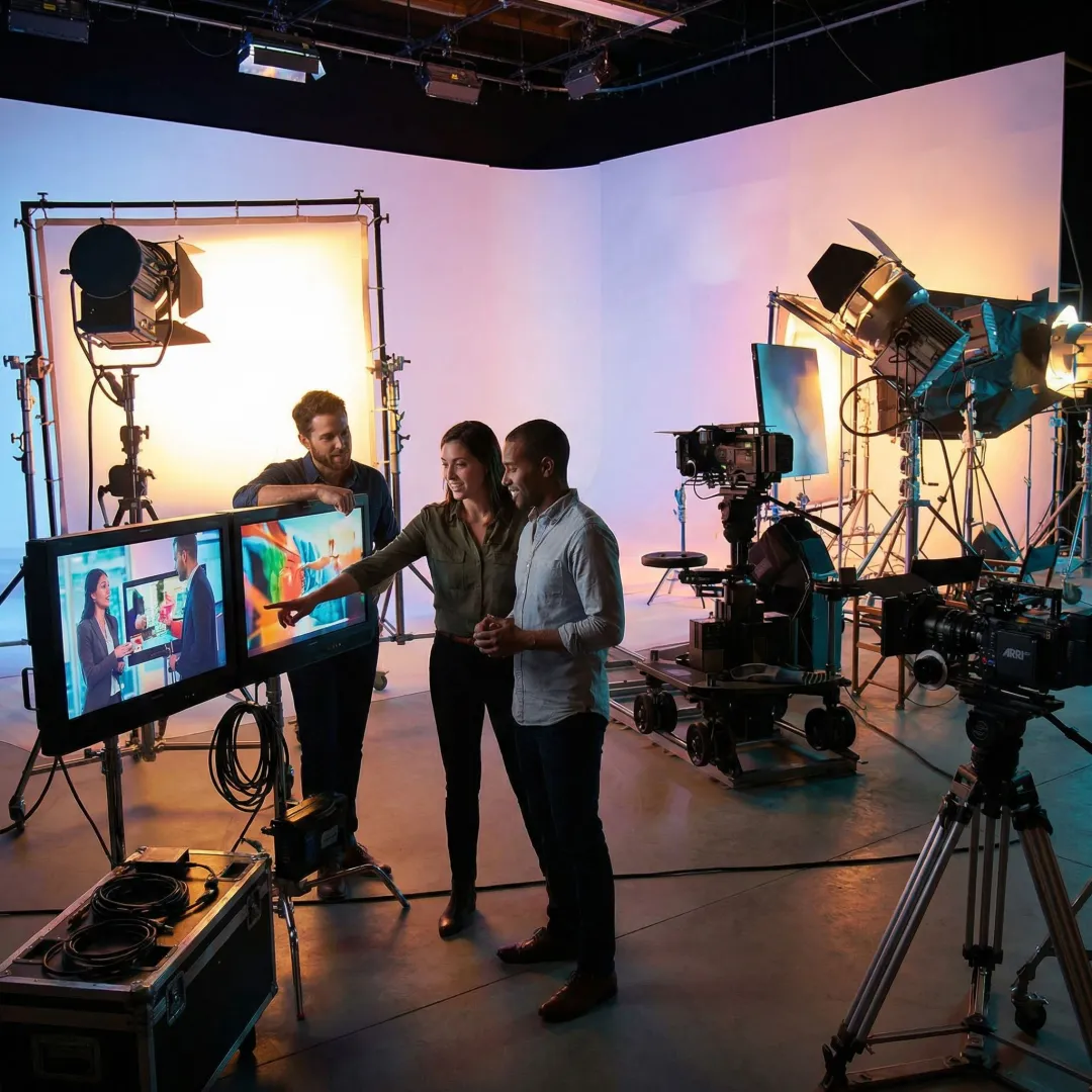 Video production team reviewing footage on monitors during a multi-camera shoot