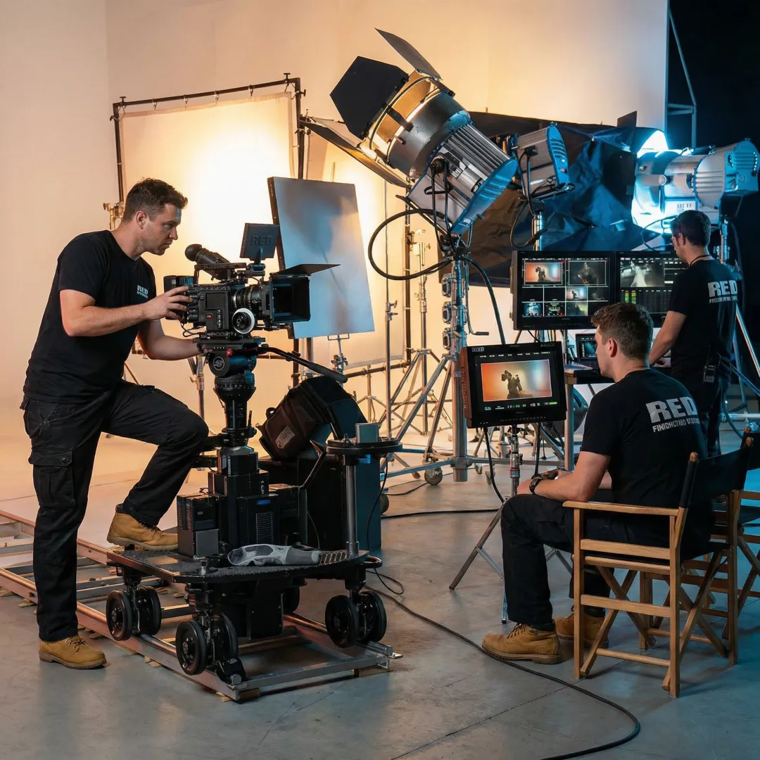 Professional video production crew on a film set with cameras and lighting equipment