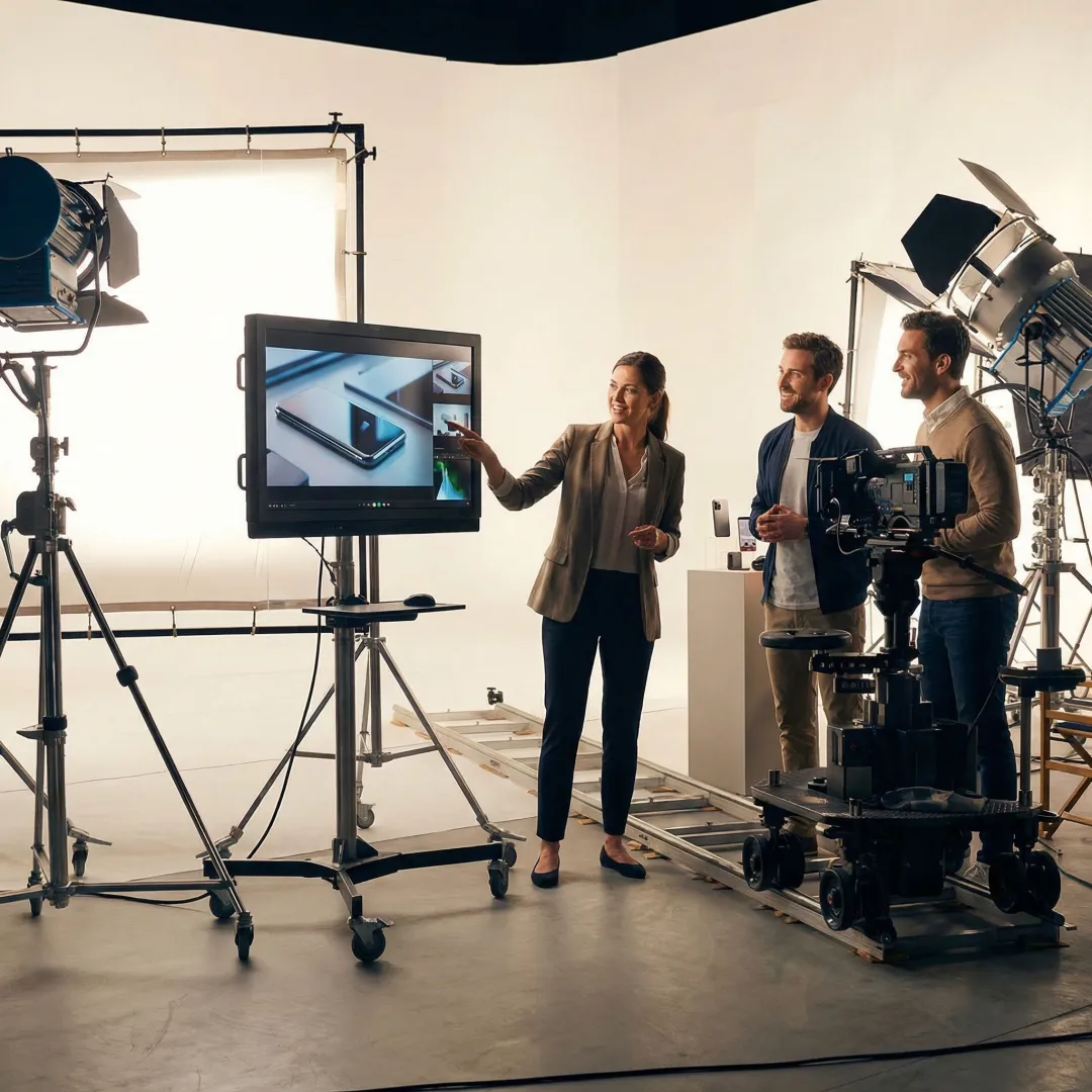 Video production team reviewing e-commerce product footage on a monitor during a studio shoot