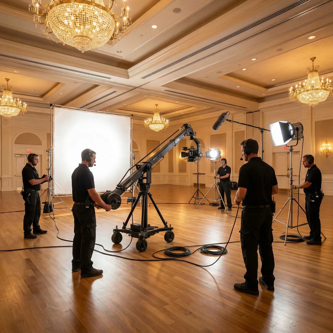Video production team setting up cameras and equipment at a professional conference venue