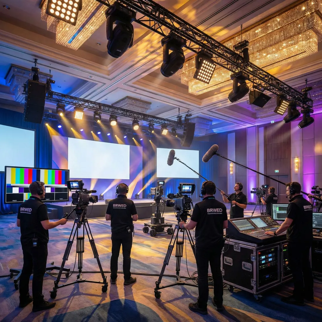 Video production crew setting up multi-camera equipment at a corporate event venue