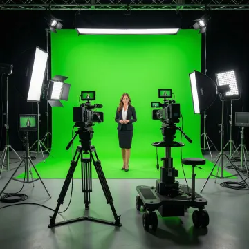 Professional green screen video production setup in a San Diego studio with cameras and lighting rigs