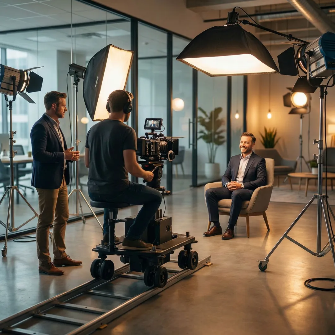 Professional corporate video production crew filming in a modern San Antonio office setting