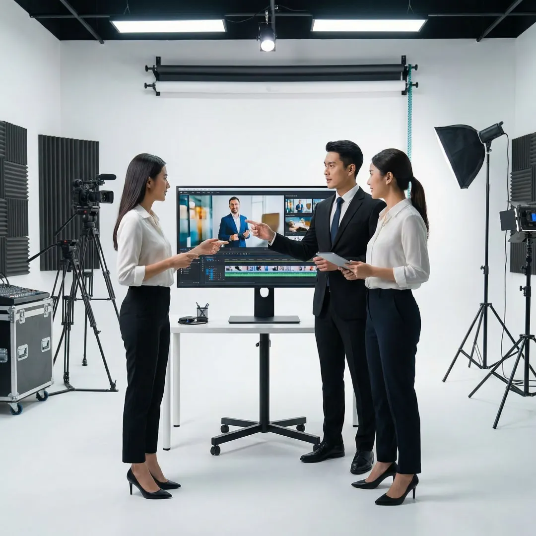 Corporate video production team reviewing footage on a monitor during a professional shoot