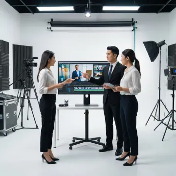 Corporate video production team reviewing footage on a monitor during a professional shoot
