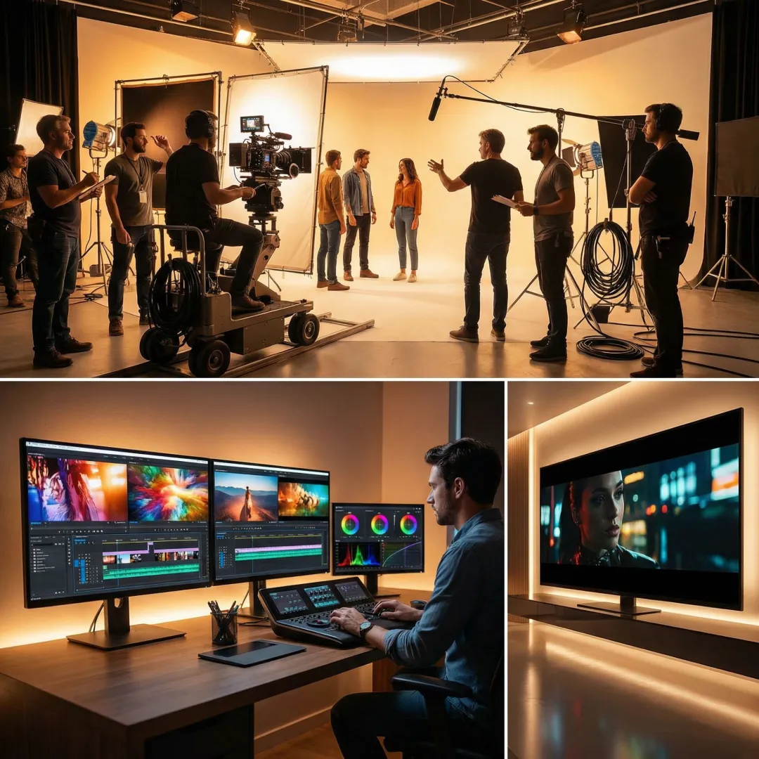 Video production workflow showing crew filming, editing suite, and final delivery process