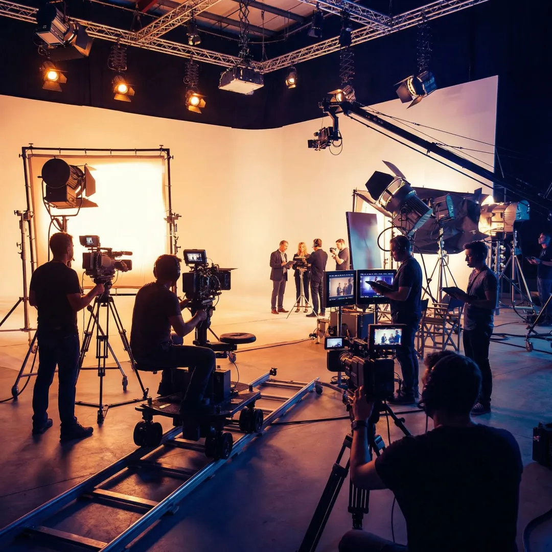 Professional multi-camera video production crew in action during a big budget live event