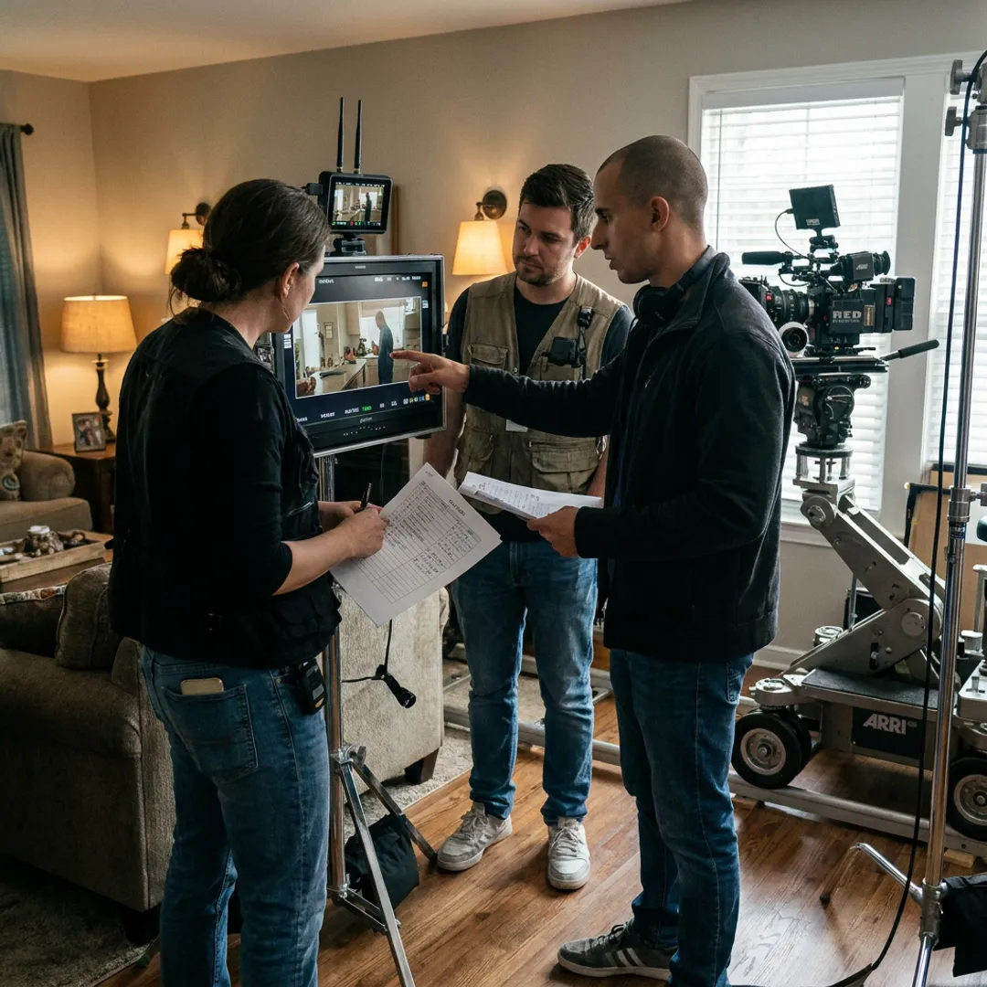 Video production team reviewing footage during a marketing shoot