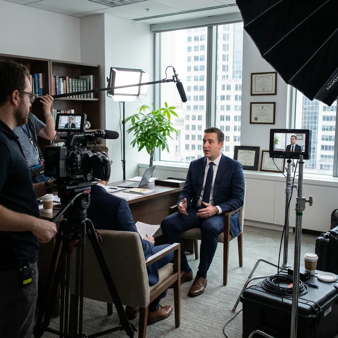 Financial services video production crew filming an interview