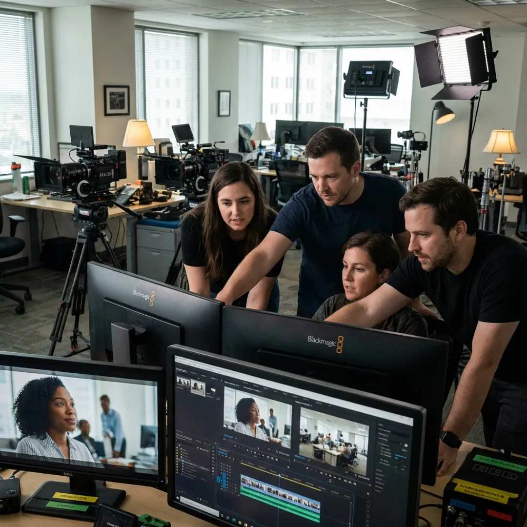 Video production team reviewing recruiting footage