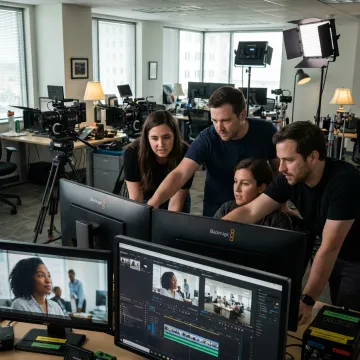 Video production team reviewing recruiting footage