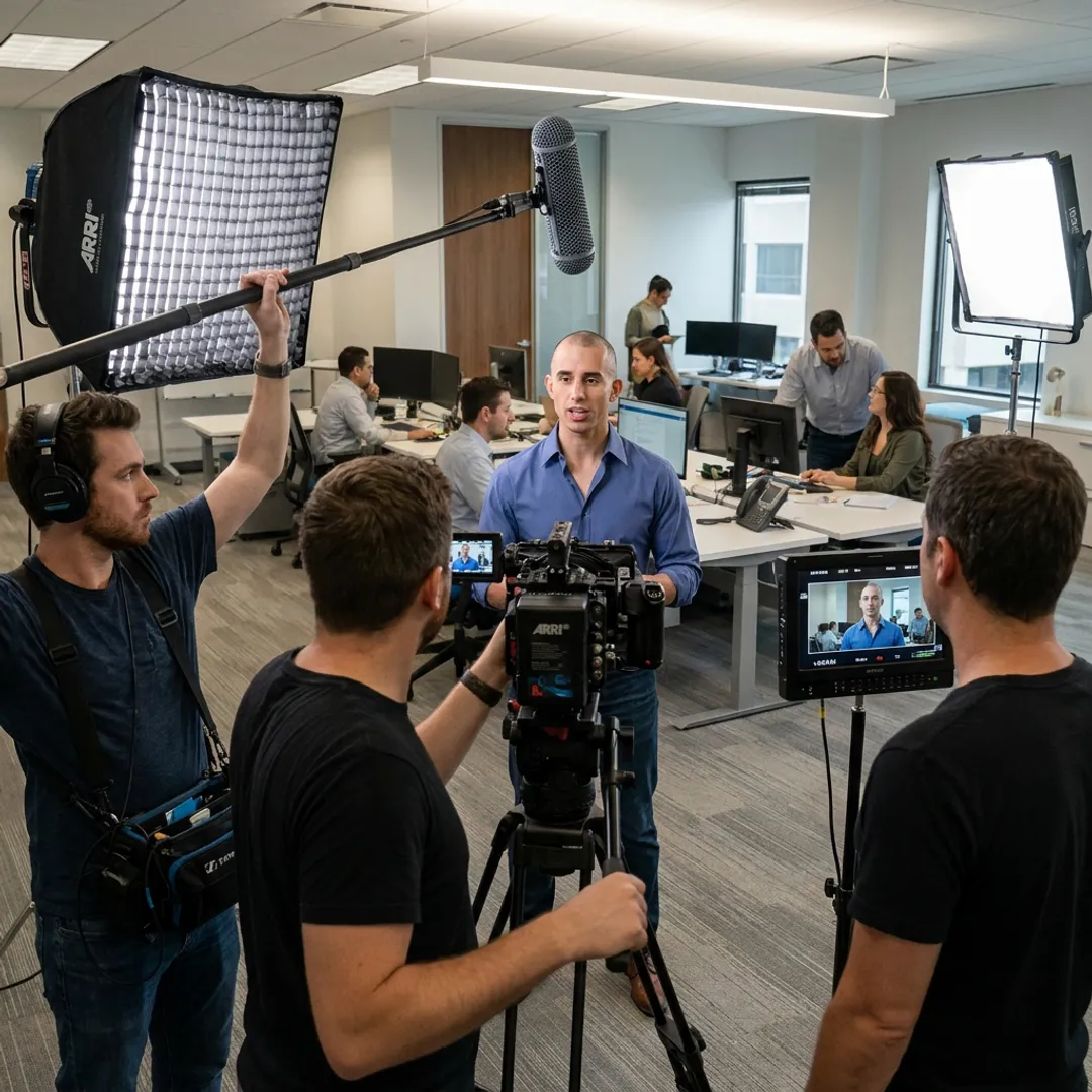 Video production team filming workplace culture content