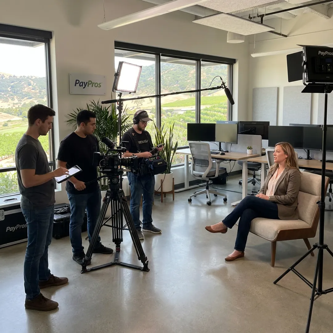 Film crew recording employee interview in modern office
