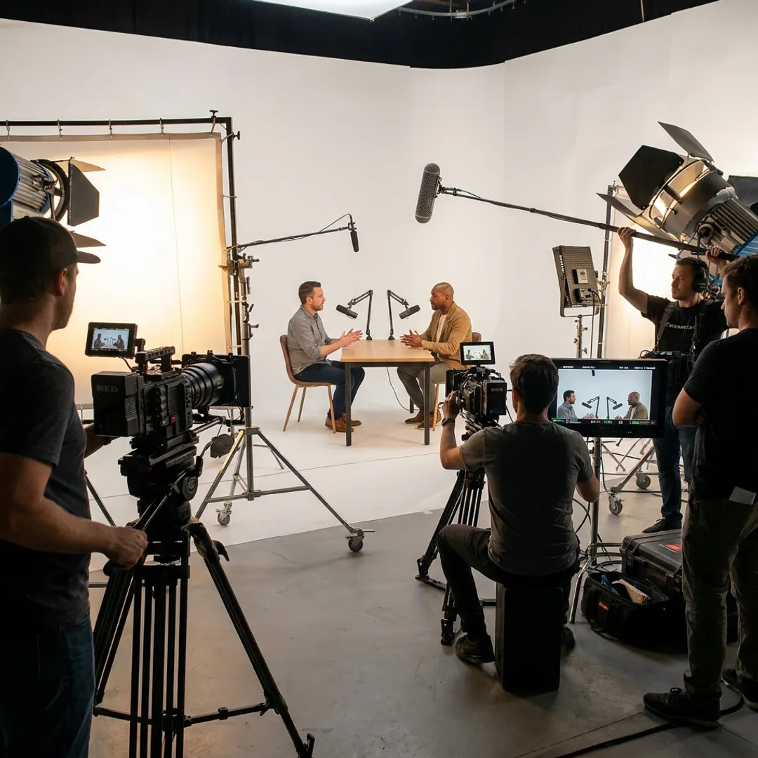 Crew filming a video podcast episode