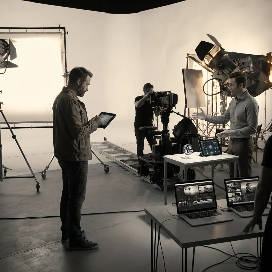 Video crew filming a technology product explainer
