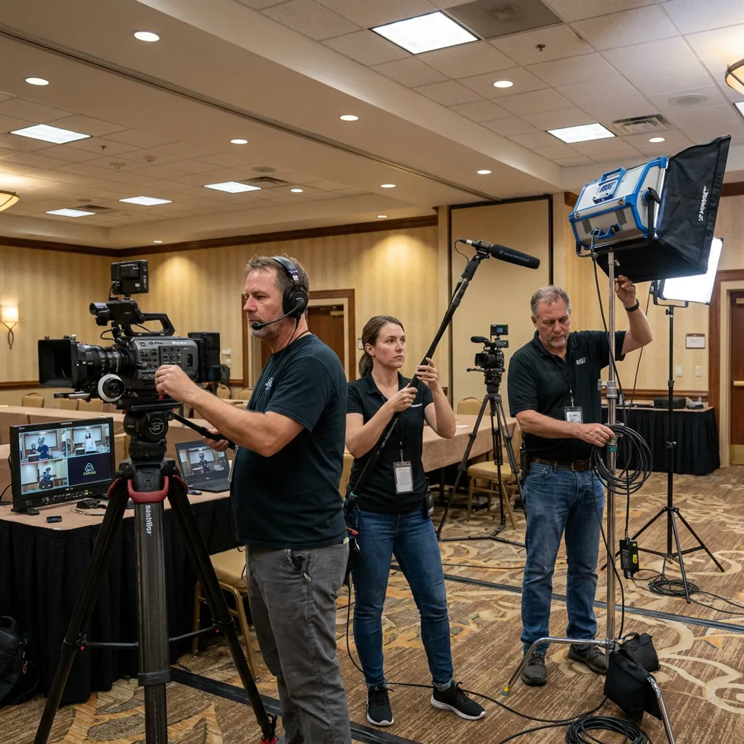 Video crew setting up cameras for a corporate event
