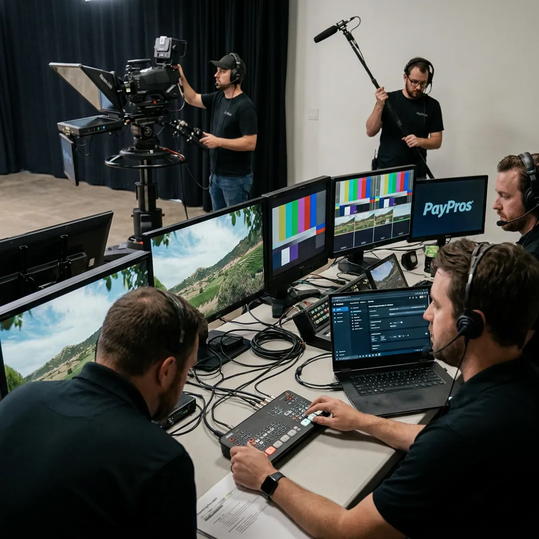Video production team testing live stream equipment