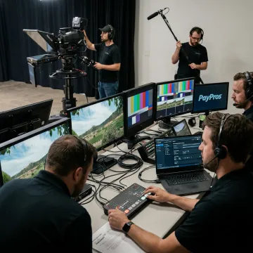 Video production team testing live stream equipment