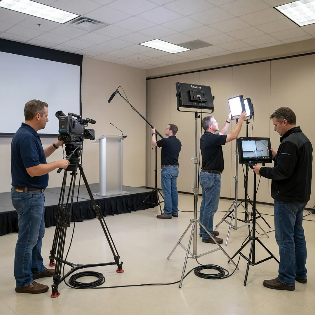 Video production crew preparing cameras before an event
