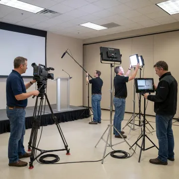 Video production crew preparing cameras before an event